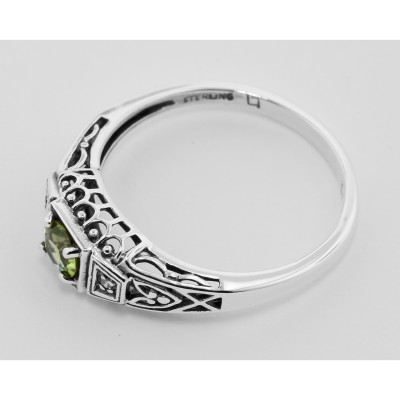 Victorian Style Peridot and Diamond Filigree Ring - Sterling Silver - FR-123-P