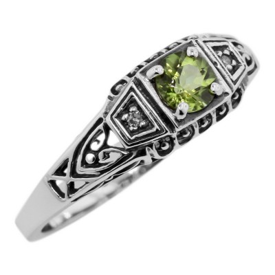 Victorian Style Peridot and Diamond Filigree Ring - Sterling Silver - FR-123-P