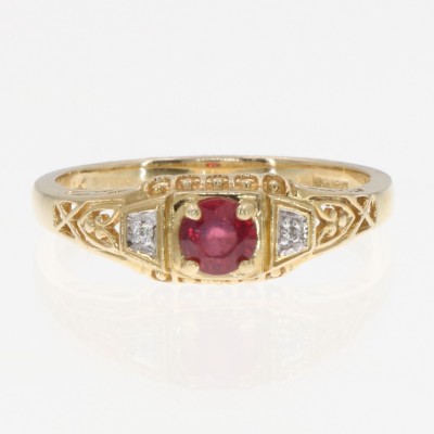 Natural Red Ruby Art Deco Style 14kt Yellow Gold Filigree Ring w/ 2 Diamonds - FR-123-R-YG
