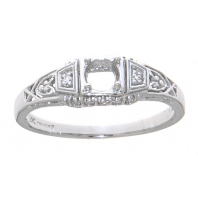 5mm Semi Mount Art Deco Style 14kt White Gold Filigree Ring w/ 2 Diamonds