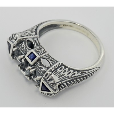 Art Deco Style Semi Mount Ring Sapphire Accents - Sterling Silver - FR-1238-SEMI-S