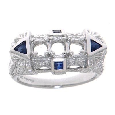 Art Deco Style Semi Mount Ring Sapphire Accents - 14kt White Gold - FR-1238-SEMI-S-WG