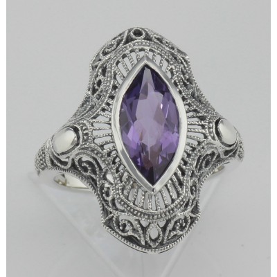 Art Deco Style Genuine Amethyst Filigree Ring - Sterling Silver - FR-125-AM