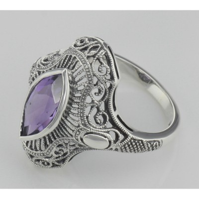 Art Deco Style Genuine Amethyst Filigree Ring - Sterling Silver - FR-125-AM