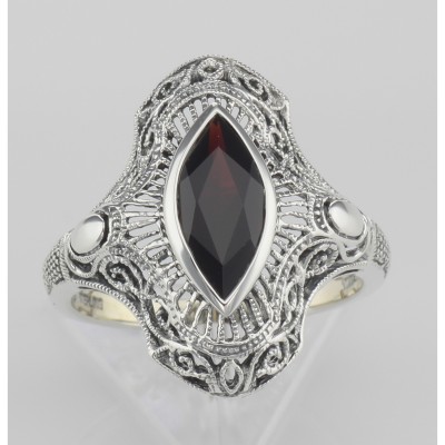 Art Deco Style Genuine Garnet Filigree Ring - Sterling Silver - FR-125-G