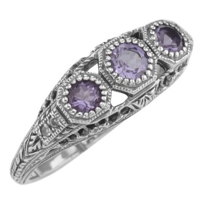 Amethyst Filigree Ring w/ 4 Diamonds - Sterling Silver - FR-126-AM