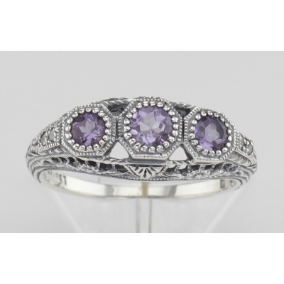 Amethyst Filigree Ring w/ 4 Diamonds - Sterling Silver - FR-126-AM