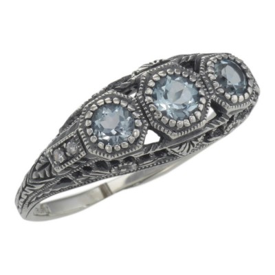 Art Deco Style Blue Topaz Filigree Ring w/ 4 Diamonds - Sterling Silver - FR-126-BT