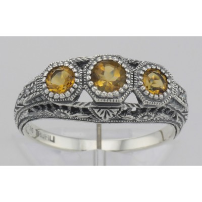 Art Deco Style Citrine Filigree Ring w/ 4 Diamonds - Sterling Silver - FR-126-C