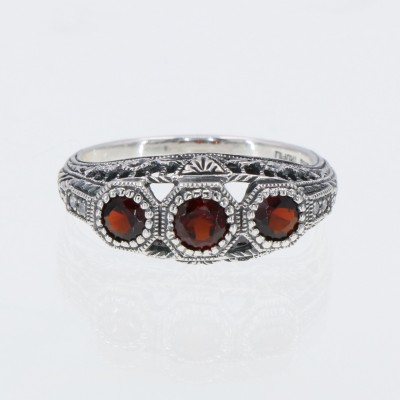 Art Deco Style Red Garnet Filigree Ring w/ 4 Diamonds - Sterling Silver - FR-126-G