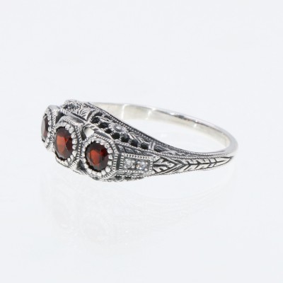 Art Deco Style Red Garnet Filigree Ring w/ 4 Diamonds - Sterling Silver - FR-126-G
