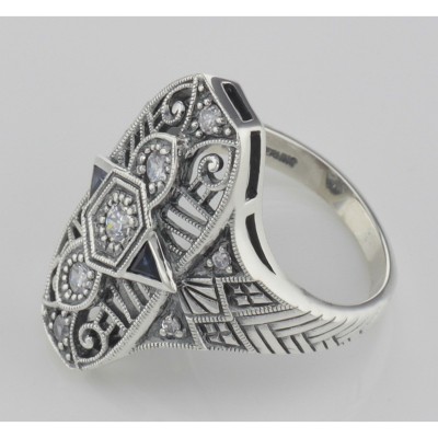 Art Deco Style CZ / Genuine Sapphire Filigree Ring - Sterling Silver - FR-1261