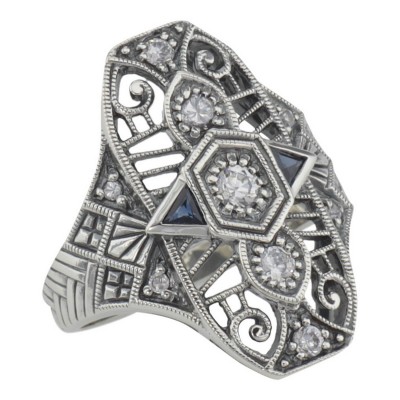 Art Deco Style CZ / Genuine Sapphire Filigree Ring - Sterling Silver - FR-1261