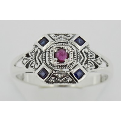 Sapphire / Ruby Filigree Ring - Deco Style - Sterling Silver - FR-1269-R-S