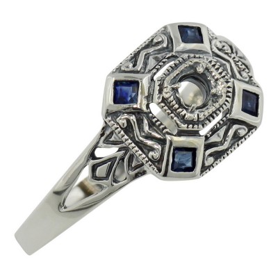 Art Deco Style Semi Mount 2mm Sapphire Filigree Ring - Sterling Silver - FR-1269-SEMI-S