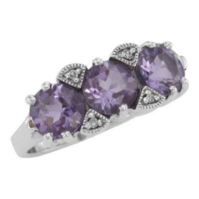 Art Deco Style 3 Stone Amethyst  Diamond Filigree Ring - Sterling Silver - FR-129-AM