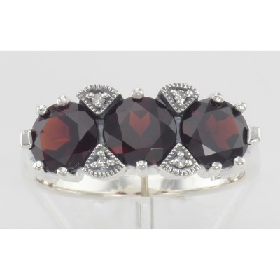 Lovely Art Deco Style 3 Stone Red Garnet  Diamond Ring - Sterling Silver - FR-129-G