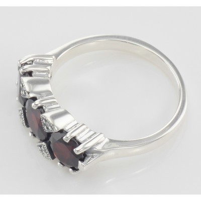 Lovely Art Deco Style 3 Stone Red Garnet  Diamond Ring - Sterling Silver - FR-129-G