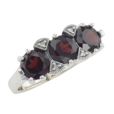 Lovely Art Deco Style 3 Stone Red Garnet  Diamond Ring - Sterling Silver - FR-129-G