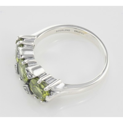 Lovely Art Deco Style 3 Stone Peridot  Diamond Ring - Sterling Silver - FR-129-P