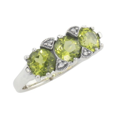Lovely Art Deco Style 3 Stone Peridot  Diamond Ring - Sterling Silver - FR-129-P