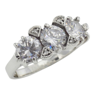 Lovely Art Deco Style 3 Stone White Topaz and Diamond Ring - Sterling Silver - FR-129-WT