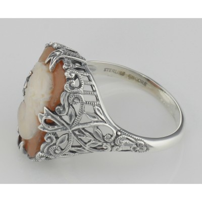 Hand Carved Italian Shell Cameo Filigree Ring - Sterling Silver - FR-13-SH