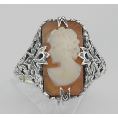 Hand Carved Italian Shell Cameo Filigree Ring - Sterling Silver - FR-13-SH
