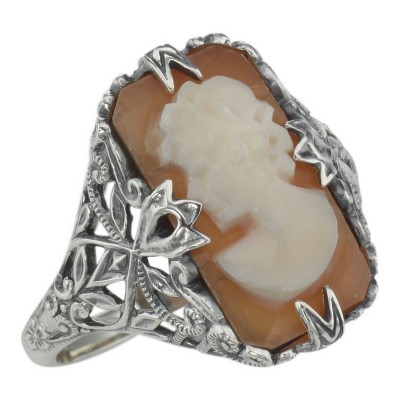Hand Carved Italian Shell Cameo Filigree Ring - Sterling Silver - FR-13-SH