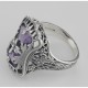 Art Deco Style Amethyst Filigree Ring with Flower Design - Sterling Silver - FR-1311-AM