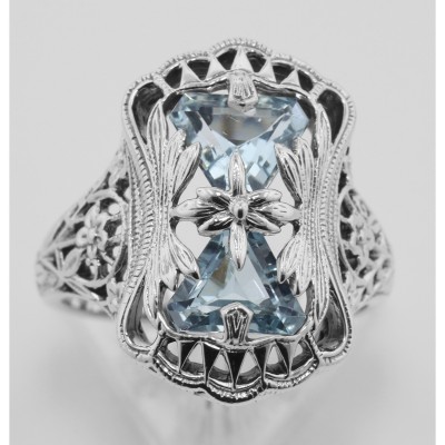 Art Deco Style Blue Topaz Ring with Flower Design - Sterling Silver - FR-1311-BT