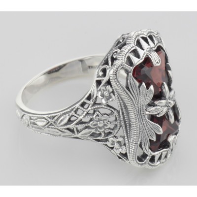 Antique Style Garnet Filigree Ring with Flower Design - Sterling Silver - FR-1311-G
