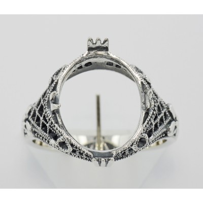 Art Deco Semi Mount Filigree Ring will hold 11x14mm - Sterling Silver - FR-14-SEMI