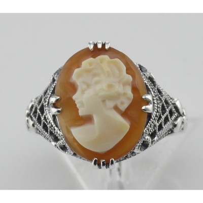 Hand Carved Italian Cameo Filigree Ring Sterling Silver - FR-14-SH