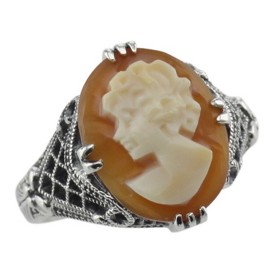 Hand Carved Italian Cameo Filigree Ring Sterling Silver - FR-14-SH