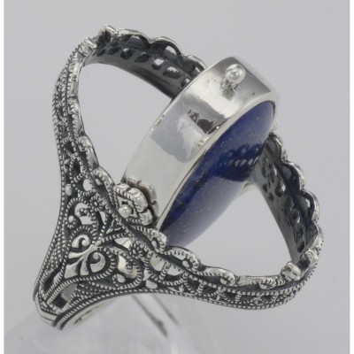 Antique Style Black Onyx and Lapis Filigree Flip Ring - Sterling Silver - FR-148-O-L
