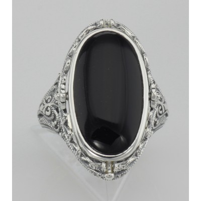 Hand Carved Italian Shell Cameo / Onyx Filigree Flip Ring - Sterling Silver - FR-148-SH-O