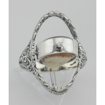 Hand Carved Italian Shell Cameo / Onyx Filigree Flip Ring - Sterling Silver - FR-148-SH-O