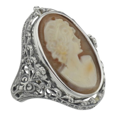 Hand Carved Italian Shell Cameo / Onyx Filigree Flip Ring - Sterling Silver - FR-148-SH-O