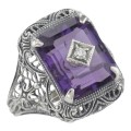 Art Deco Style Amethyst and Diamond Ring - Sterling Silver