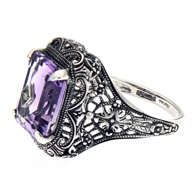 Art Deco Style Amethyst and Diamond Ring - Sterling Silver - FR-15-AM-D