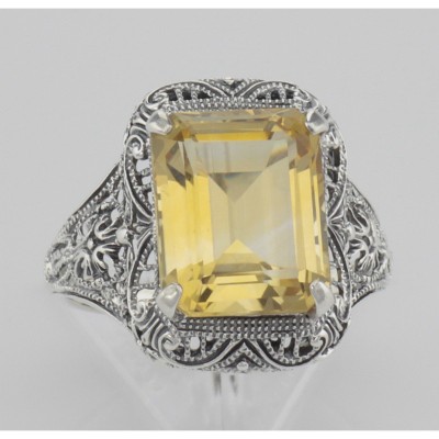 Art Deco Style Genuine Golden Citrine Filigree Ring - Sterling Silver - FR-15-C