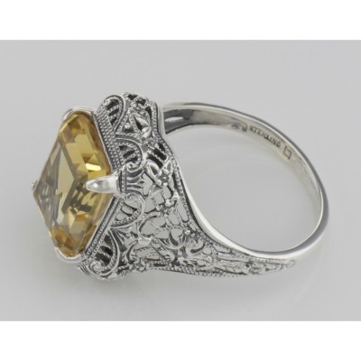 Art Deco Style Genuine Golden Citrine Filigree Ring - Sterling Silver - FR-15-C