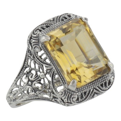 Art Deco Style Genuine Golden Citrine Filigree Ring Sterling Silver