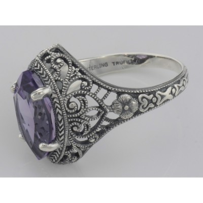 Victorian Style Amethyst Filigree Ring Sterling Silver - FR-150-AM