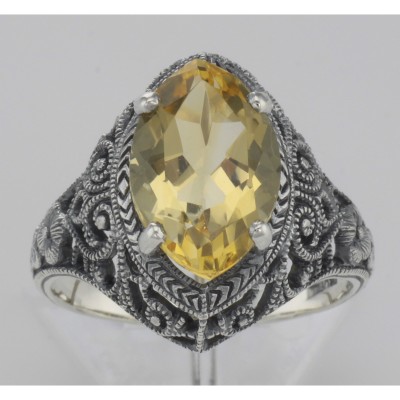 3 Carat Victorian Style Genuine Citrine Filigree Ring Sterling Silver - FR-150-C