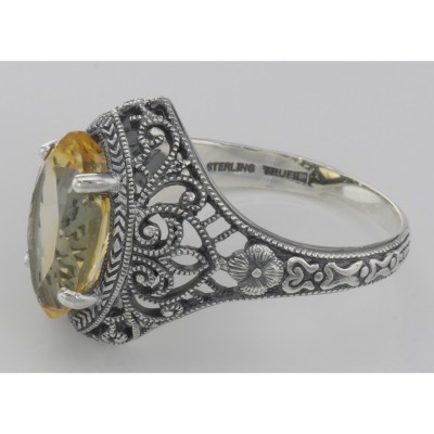 3 Carat Victorian Style Genuine Citrine Filigree Ring Sterling Silver - FR-150-C