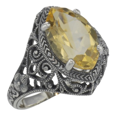 3 Carat Victorian Style Genuine Citrine Filigree Ring Sterling Silver - FR-150-C