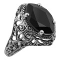 Antique Style Onyx Filigree Ring - Sterling Silver
