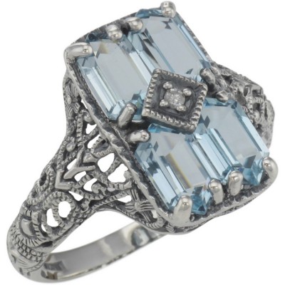 Art Deco Style 2 Carat Blue Topaz Filigree Ring w/ Diamond - Sterling Silver - FR-151-BT